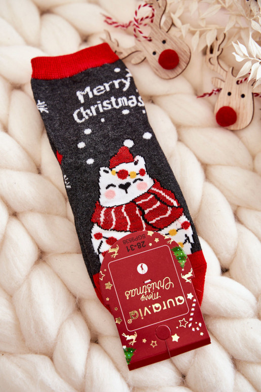 Children's Socks "Merry Christmas" Bear Gray and Red