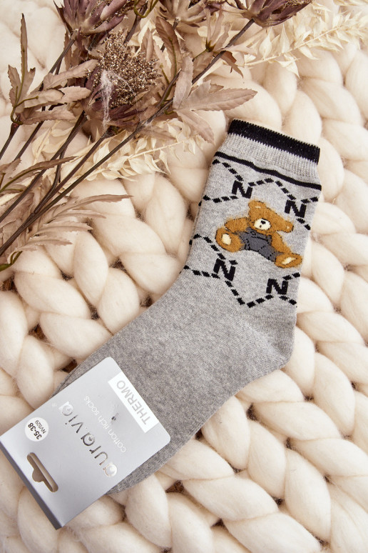 Warm Cotton Socks With Bear Grey