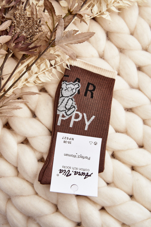 Women's Cotton Socks with Text and Bear Brown