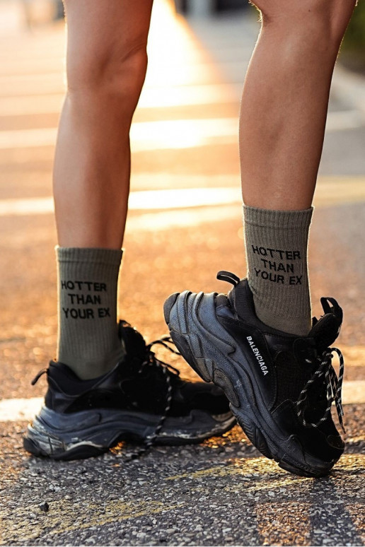 Women's socks with the text Hotter Than Your Ex olive