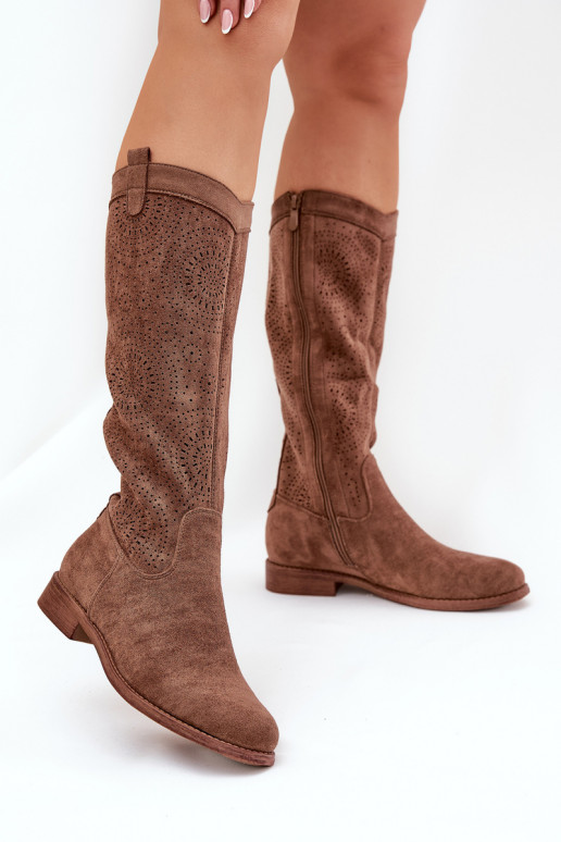 Boots With Openwork Shaft On Flat Heel Brown S.Barski HY51-860