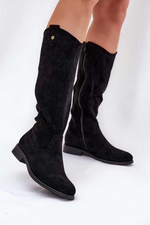 Flat Heeled Boots With Perforated Pattern Black S.Barski HY51-062