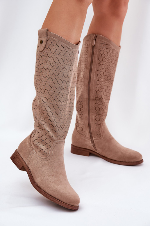 Flat Heeled Boots With Perforated Pattern Beige S.Barski HY51-062