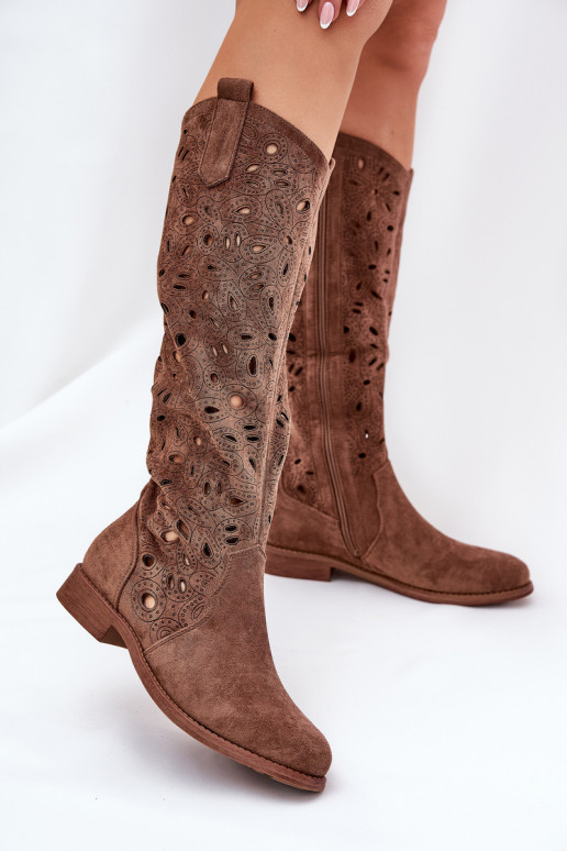 Cutout Boots On Flat Heel Brown HY51-176