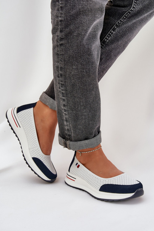 Leather Wedge Ballet Flats White-Navy Nelviera