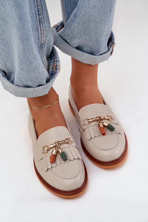 Leather Elegant Loafers On Flat Heel S.Barski LR51-768 Beige