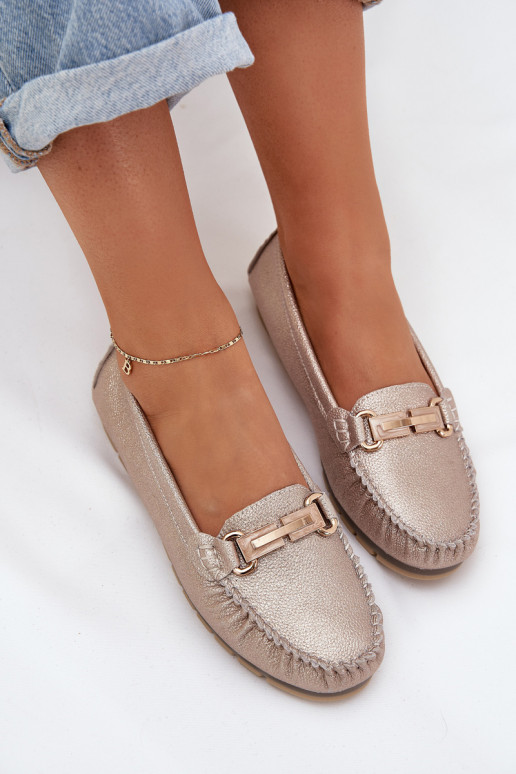 Glitter Flat Moccasins Made Of Natural Leather D&A LR51-546 Golden