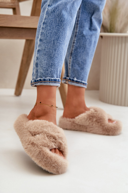 Womens Fur Slippers On Thick Sole Beige Lavitera