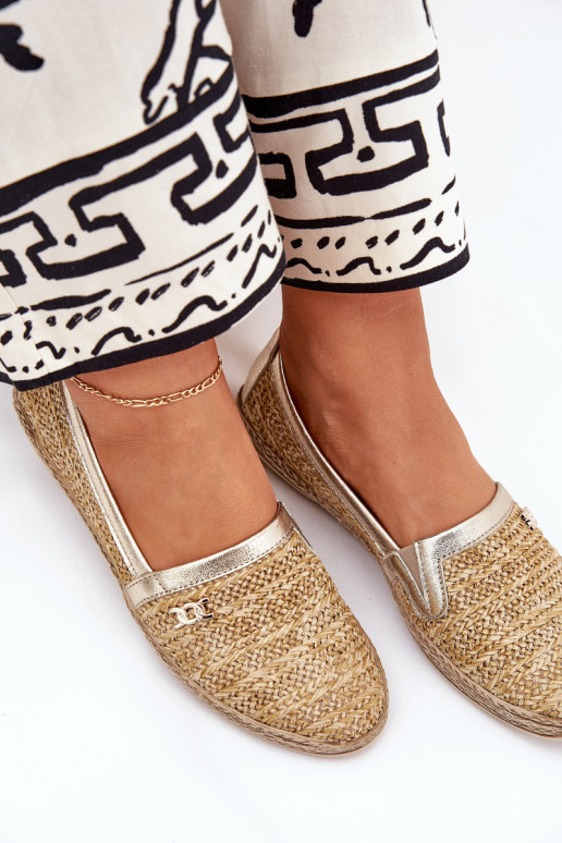 Elegant Leather Espadrilles With Weaving Beige-Golden Zazoo 10178