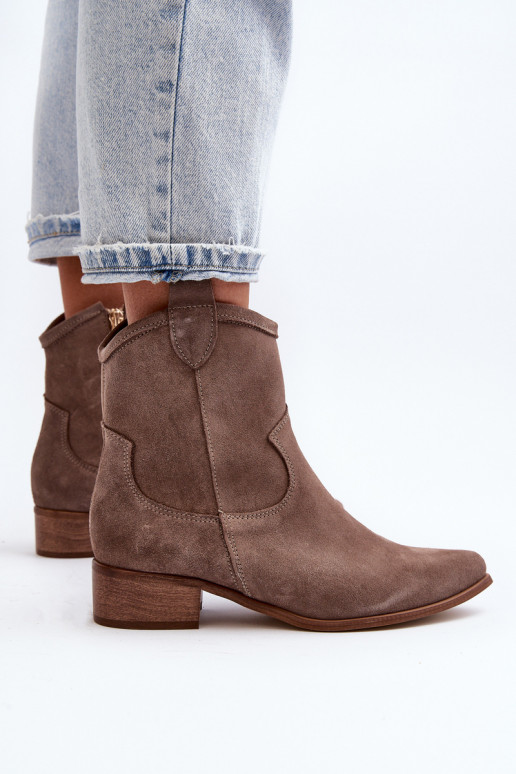 Zazoo 3329 Suede Cowboy Ankle Boots Low Heel Dark Beige