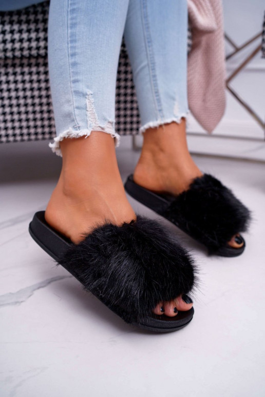 Women's Flip Flops with Fur Black NiceFur