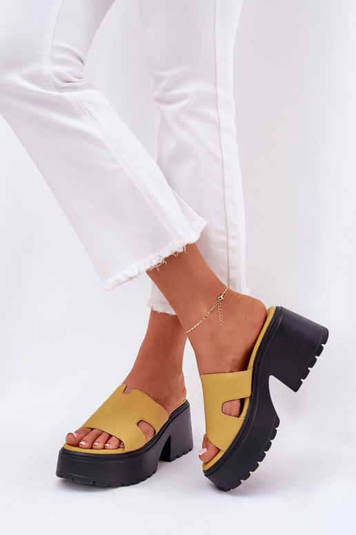 Ladies Platform Slippers With A Chunky Heel Yellow Rizana