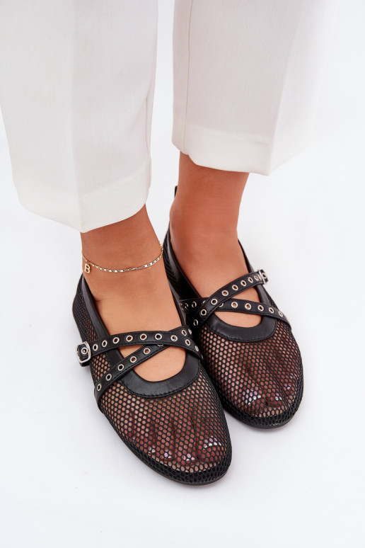 Mesh Flat Ballet Shoes With Straps Black Salliroe