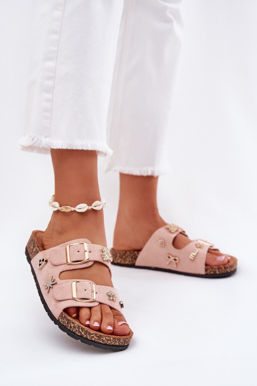 Women's sandals on cork sole with buckles and embellishments light pink Efadelis