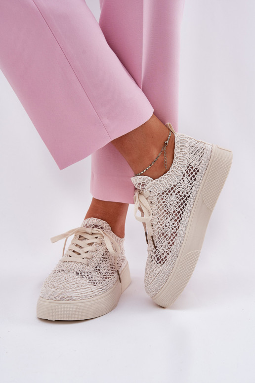 Ladies Perforated Sneakers On Platform Light Beige Aranelith