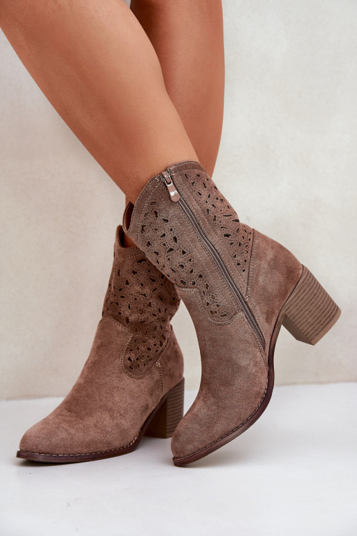 Cutout Cowboy Ankle Boots For Women On Heel Brown S.Barski HY51-125