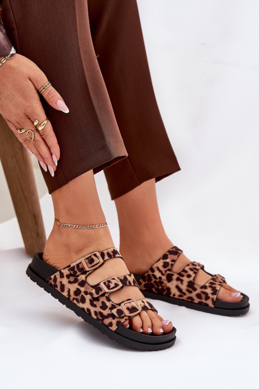 Ladies Slippers With Straps And Buckles In Leopard Print Brown Uliri