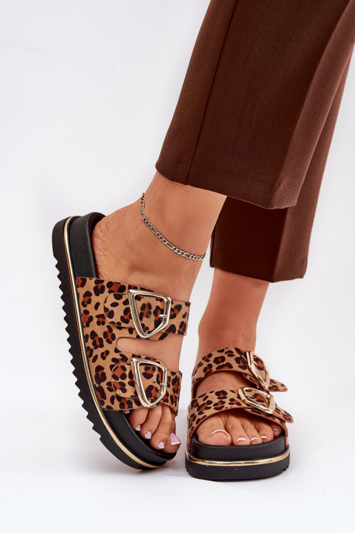 Women's platform slippers with leopard print and gold buckles brown Tersele