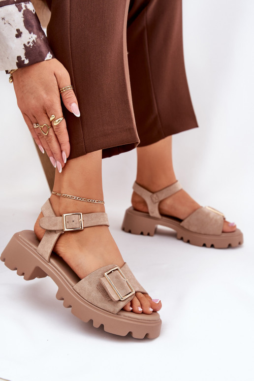 Eco Suede Women's Sandals With Buckle Beige Gofielle