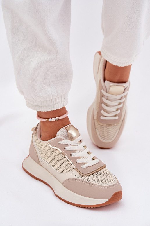 Ladies Sports Shoes With Mesh On Platform Beige Poova