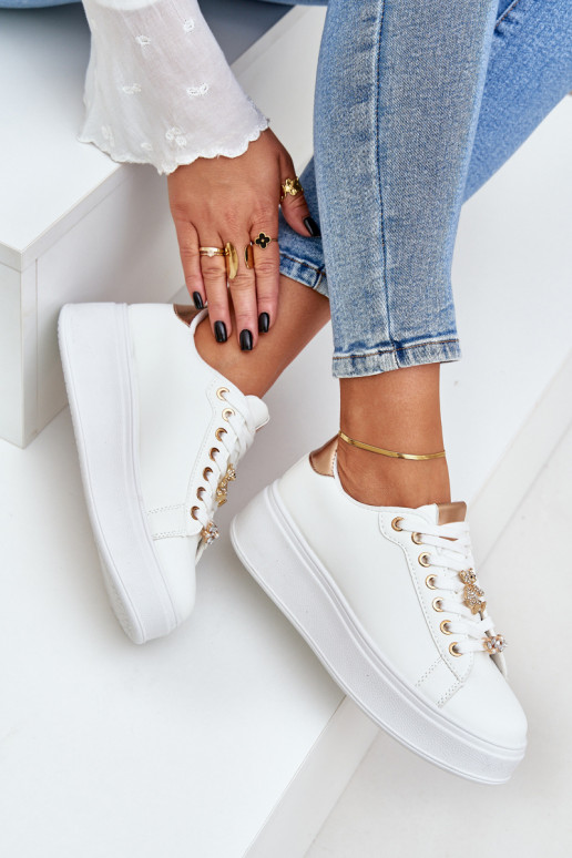 Eco Leather Sneakers With Embellishments White-Gold Enalirae