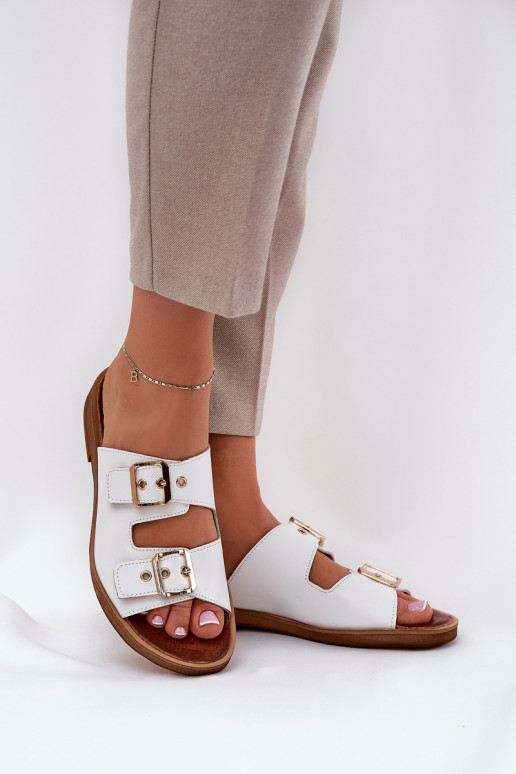 Leather Flat Sandals With Buckles White Zazoo 3020