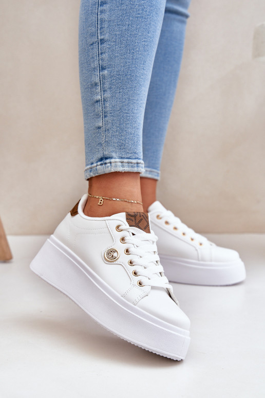 Eco Leather Sneakers On Platform With Golden Detail White-Brown Zingie