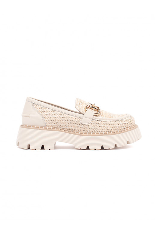 beige Women's moccasins with a gold chain