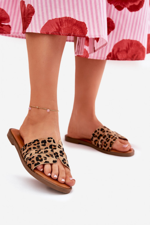 Womens Flat Heeled Sandals With Cutouts Leopard Print Brown Teterre