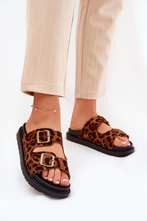 Women's Platform Slides With Leopard Print And Buckles Brown Simbes