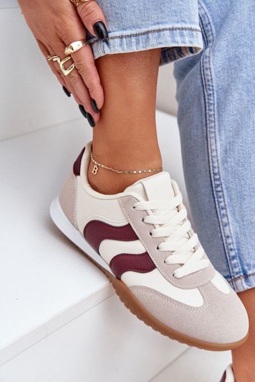 Classic Women's Sneakers Made Of Eco Leather Beige-Burgundy Maretina