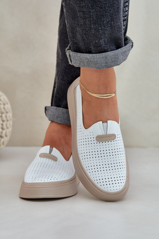 Lightweight Perforated Leather Moccasins Loafers Women On Platform And Wedge White Hanthiel