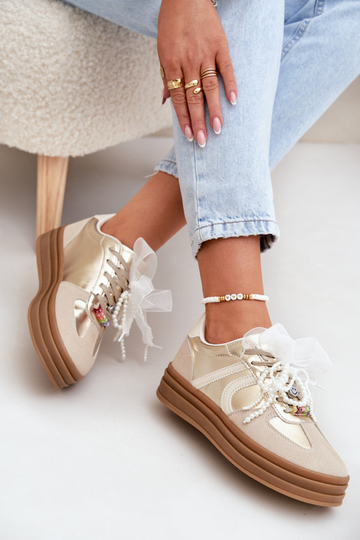 Women's Platform Sneakers With Decorations Beige-Gold Vinness