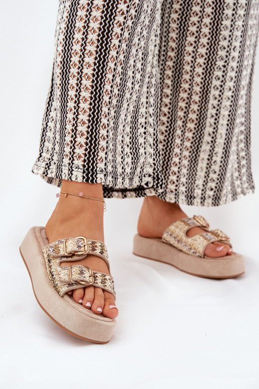 Women's Platform Sandals With Buckles And Weaving Khaki Limme