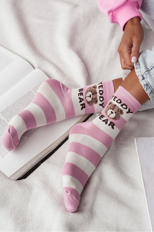 Women's Striped Socks Teddy Bear Pink-White