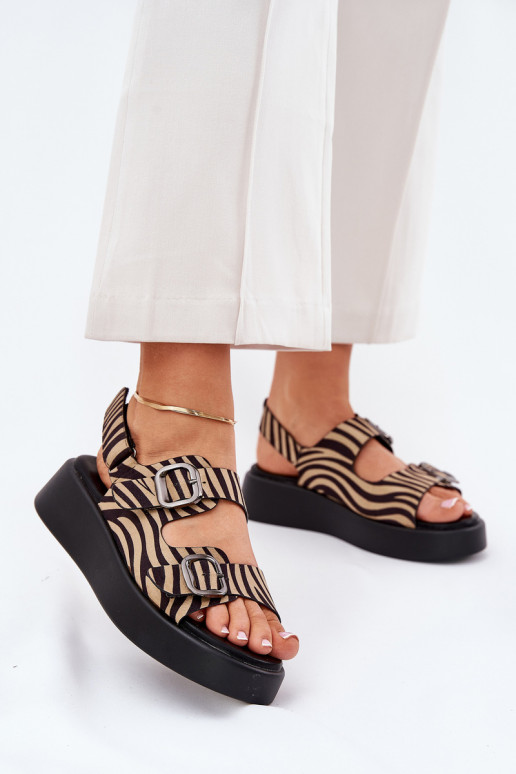 Women's Platform And Wedge Sandals With Buckles Zebra Beige-Black Genorre