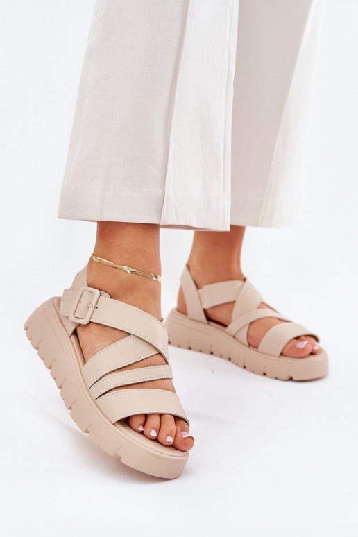 Women's Leather Platform Sandals With Buckle Beige Selianae