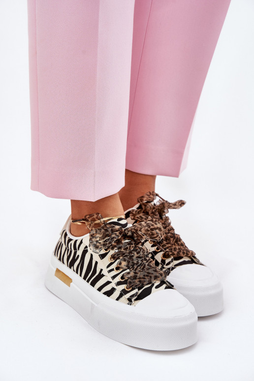 Women's Sneakers On Massive Platform With Decorative Lacing Zebra Black-Beige Zidora