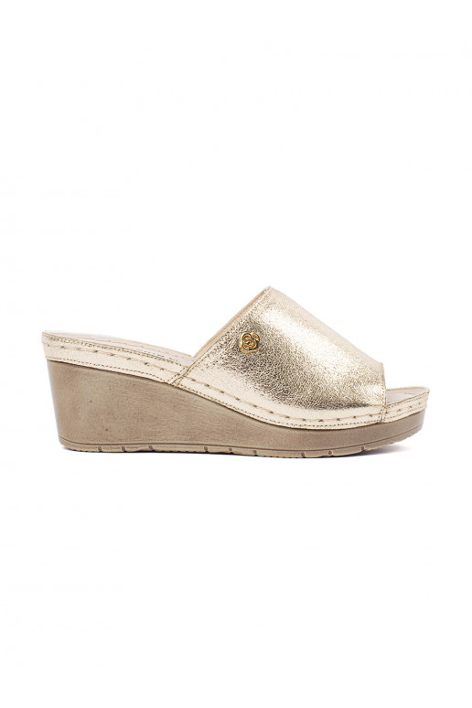 gold color slippers  womens on a wedge