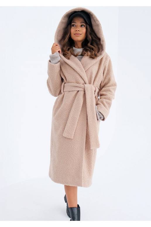 Nude boucle coat with a hood