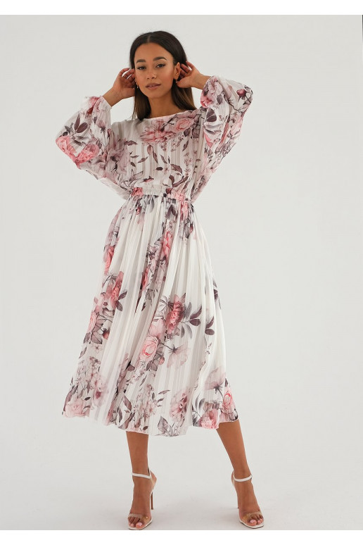 Elvire - white satin midi dress with a peony print