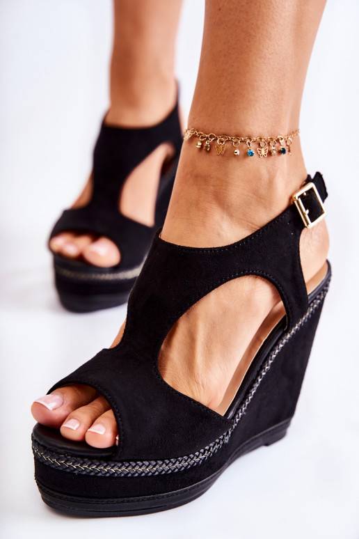 Hush Puppies Willow X Band Black Suede Wedge Sandals | Curvissa