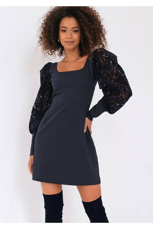 Nadine - Navy blue mini dress with lacy sleeves