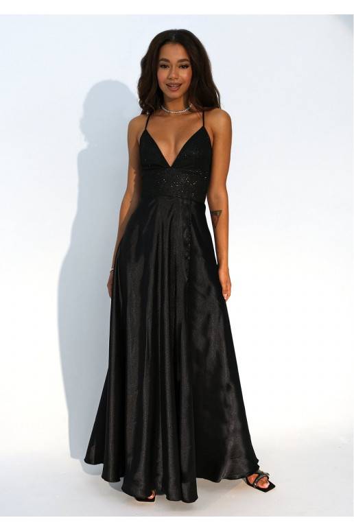 Selena Shiny black satin maxi dress