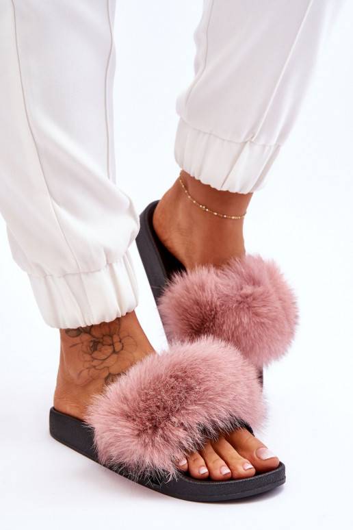 Pink Fluffy Women's Suede Mule Slippers