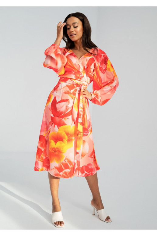 Blanche - Orange floral mid-length wrap dress